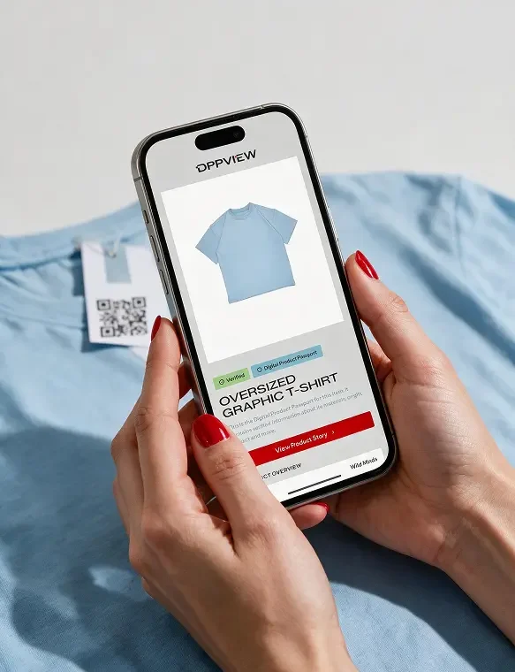 Phone showing the DPPVIEW Digital Product Passport for a t-shirt, scanned from the QR code on its garment tag